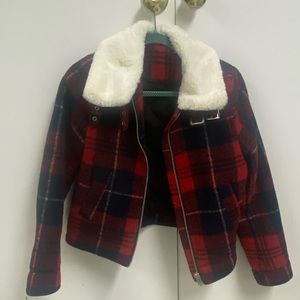 Red and Navy Plaid Light Jacket with Fur Collar